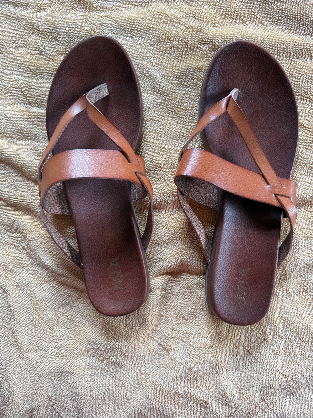 MIA Tan and Dark Brown Crossover Leather Slide Sandals